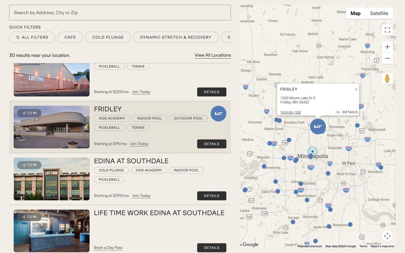 Find a Location on desktop: the Fridley club is selected, so its map marker shows the Life Time logo and an address pop-up, and its row in the results list is highlighted with the same logo.