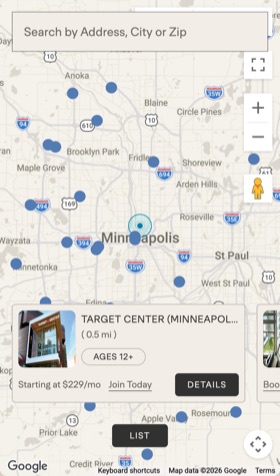 Find a Location on a phone: a map of Minneapolis clubs with a row of club cards along the bottom and a List button to switch views.